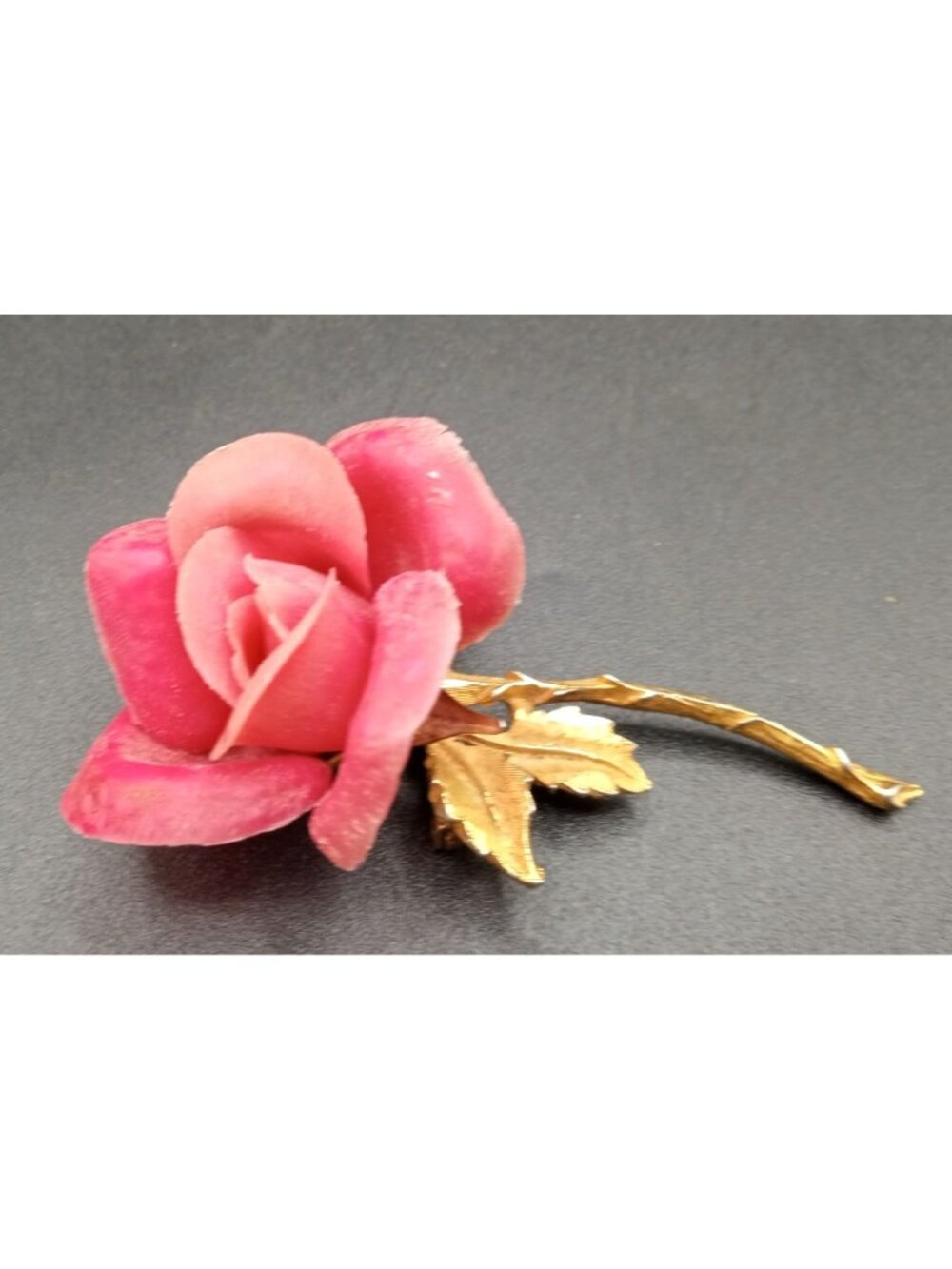 Vintage Pink Rose Brooch Pin Gold Tone Stem Leaves Signed BARI 3.25"